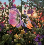 "Sunrise Hollyhocks," 10 x 10 inches, Oil.